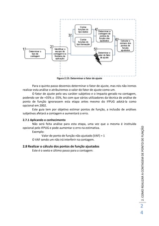 2.COMOREALIZARACONTAGEMDEPONTODEFUNÇÃO
2
4
Figura 2.15: Determinar o fator de ajuste
Para o quinto passo devemos determinar o fator de ajuste, mas nós não iremos
realizar esta análise e atribuiremos o valor do fator de ajuste como um.
O fator de ajuste pelo seu caráter subjetivo e o impacto gerado na contagem,
podendo ser de +35% a -35%, fez com que vários utilizadores da técnica de análise de
ponto de função ignorassem esta etapa antes mesmo do IFPUG adotá-la como
opcional em 2002.
Este guia tem por objetivo estimar pontos de função, a inclusão de análises
subjetivas afetará a contagem e aumentará o erro.
2.7.1 Aplicando o conhecimento
Não será feita análise para esta etapa, uma vez que a mesma é instituída
opcional pelo IFPUG e pode aumentar o erro na estimativa.
Exemplo:
Valor de ponto de função não ajustado (VAF) = 1
O VAF sendo um não irá interferir na contagem.
2.8 Realizar o cálculo dos pontos de função ajustados
Este é o sexto e último passo para a contagem:
 