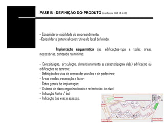 FASE B –DEFINIÇÃO DO PRODUTO (conforme NBR 13.531)




- Consolidar a viabilidade do empreendimento;
-Consolidar o potencial construtivo do local definindo.

            Implantação esquemática das edificações-tipo e todas áreas
necessárias, contendo no mínimo:

- Conceituação, articulação, dimensionamento e caracterização da(s) edificação ou
edificações no terreno;
- Definição das vias de acesso de veículos e de pedestres;
- Áreas verdes, recreação e lazer;
- Cotas gerais de implantação;
- Sistema de eixos organizacionais e referências de nível;
- Indicação Norte / Sul;
- Indicação das vias e acessos.
 