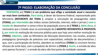 7º PASSO: ELABORAÇÃO DA CONCLUSÃO
PORTANTO, o ( TEMA ) é um problema que aflige a sociedade atual e necessita
ser mais bem combatido. Para tanto, é dever do Governo Federal, representado pelo
Ministério (REFERENTE AO TEMA ), ampliar a veiculação de propagandas sobre
(TEMA), por intermédio das mídias sociais (televisão, internet, rádio e jornais ) com o
intuito de desenvolver o senso crítico da população acerca do ( TEMA ). Além disso, é
necessário que o Estado atue na contratação de ( AGENTES REFERENTES À PROPOSTA
), por meio da realização de concurso público para que haja uma melhor resolução do
(TEMA). Ademais, cabe ao Ministério da Educação desenvolver, nas escolas, projetos
pedagógicos (promoção de palestras com especialistas; exibição de documentários )
que, com a participação da família, abordem os malefícios (TEMA ) e ensinem formas
eficazes de evitá-la(o), com o propósito de dirimir o (TEMA ). Assim, o enredo da obra
será apenas ficcional / o enredo da obra não fará parte da realidade nacional.
17
 