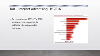 IAB – Internet Advertising HY 2016
• Se compararmos 2015 HY e 2016
separados por categorias da
indústria, não vejo grandes
mudanças
 