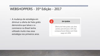 WEBSHOPPERS - 35ª Edição - 2017
• A mudança de estratégia em
diminuir a oferta de frete grátis
demonstra que talvez o e-
commerce no Brasil tenha
utilizado muito mau essa
estratégia nos primeiros anos
 