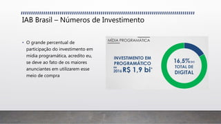 IAB Brasil – Números de Investimento
• O grande percentual de
participação do investimento em
mídia programática, acredito eu,
se deve ao fato de os maiores
anunciantes em utilizarem esse
meio de compra
 