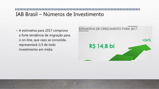 IAB Brasil – Números de Investimento
• A estimativa para 2017 comprova
a forte tendência de migração para
o on-line, que caso se consolide,
representará 1/3 de todo
investimento em mídia
 