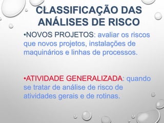 CLASSIFICAÇÃO DAS
ANÁLISES DE RISCO
•NOVOS PROJETOS: avaliar os riscos
que novos projetos, instalações de
maquinários e linhas de processos.
•ATIVIDADE GENERALIZADA: quando
se tratar de análise de risco de
atividades gerais e de rotinas.
 