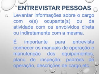 ENTREVISTAR PESSOAS
Levantar informações sobre o cargo
com o(s) ocupante(s) ou da
atividade com os envolvidos direta
ou indiretamente com a mesma.
É importante para entrevista
conhecer os manuais de operação e
manutenção dos equipamentos,
plano de inspeção, padrões de
operação, descrições de cargo,etc.
 