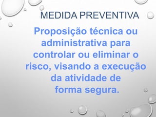 MEDIDA PREVENTIVA
Proposição técnica ou
administrativa para
controlar ou eliminar o
risco, visando a execução
da atividade de
forma segura.
 