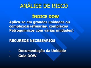 ANÁLISE DE RISCO
ÍNDICE DOW
Aplica-se em grandes unidades ou
complexos(refinarias, complexos
Petroquímicos com várias unidades)
RECURSOS NECESSÁRIOS
- Documentação da Unidade
- Guia DOW
 