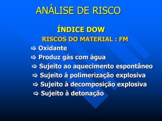 ANÁLISE DE RISCO
ÍNDICE DOW
RISCOS DO MATERIAL : FM
 Oxidante
 Produz gás com água
 Sujeito ao aquecimento espontâneo
 Sujeito à polimerização explosiva
 Sujeito à decomposição explosiva
 Sujeito à detonação
 