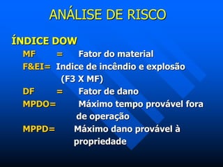 ANÁLISE DE RISCO
ÍNDICE DOW
MF = Fator do material
F&EI= Indice de incêndio e explosão
(F3 X MF)
DF = Fator de dano
MPDO= Máximo tempo provável fora
de operação
MPPD= Máximo dano provável à
propriedade
 