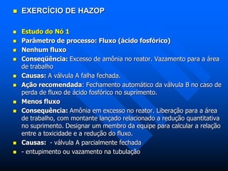  EXERCÍCIO DE HAZOP
 Estudo do Nó 1
 Parâmetro de processo: Fluxo (ácido fosfórico)
 Nenhum fluxo
 Conseqüência: Excesso de amônia no reator. Vazamento para a área
de trabalho
 Causas: A válvula A falha fechada.
 Ação recomendada: Fechamento automático da válvula B no caso de
perda de fluxo de ácido fosfórico no suprimento.
 Menos fluxo
 Consequência: Amônia em excesso no reator. Liberação para a área
de trabalho, com montante lançado relacionado a redução quantitativa
no suprimento. Designar um membro da equipe para calcular a relação
entre a toxicidade e a redução do fluxo.
 Causas: - válvula A parcialmente fechada
 - entupimento ou vazamento na tubulação
 