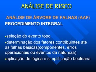 ANÁLISE DE RISCO
ANÁLISE DE ÁRVORE DE FALHAS (AAF)
PROCEDIMENTO INTEGRAL
seleção do evento topo
determinação dos fatores contribuintes até
as falhas básicas(componentes, erros
operacionais ou eventos da natureza)
aplicação de lógica e simplificação booleana
 