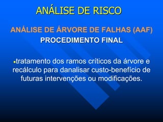 ANÁLISE DE RISCO
ANÁLISE DE ÁRVORE DE FALHAS (AAF)
PROCEDIMENTO FINAL
tratamento dos ramos críticos da árvore e
recálculo para danalisar custo-benefício de
futuras intervenções ou modificações.
 