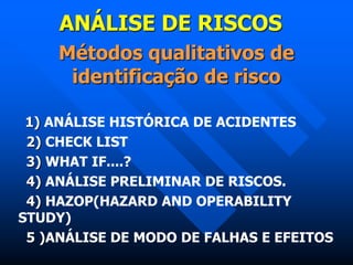 ANÁLISE DE RISCOS
Métodos qualitativos de
identificação de risco
1) ANÁLISE HISTÓRICA DE ACIDENTES
2) CHECK LIST
3) WHAT IF....?
4) ANÁLISE PRELIMINAR DE RISCOS.
4) HAZOP(HAZARD AND OPERABILITY
STUDY)
5 )ANÁLISE DE MODO DE FALHAS E EFEITOS
 