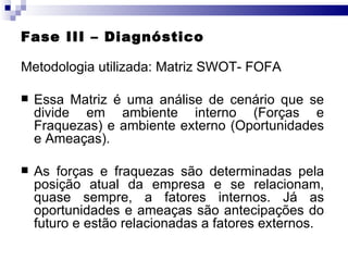 Fase III – Diagnóstico Metodologia utilizada: Matriz SWOT- FOFA Essa Matriz é uma análise de cenário que se divide em ambiente interno (Forças e Fraquezas) e ambiente externo (Oportunidades e Ameaças). As forças e fraquezas são determinadas pela posição atual da empresa e se relacionam, quase sempre, a fatores internos. Já as oportunidades e ameaças são antecipações do futuro e estão relacionadas a fatores externos. 