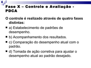 Fase X – Controle e Avaliação - PDCA O controle é realizado através de quatro fases distintas: a) Estabelecimento de padrões de desempenho.  b) Acompanhamento dos resultados. c) Comparação do desempenho atual com o padrão. d) Tomada de ação corretiva para ajustar o desempenho atual ao padrão desejado. 