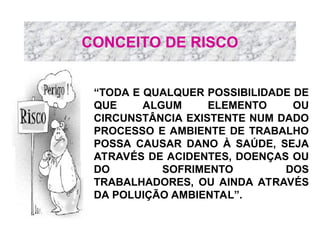 CONCEITO DE RISCO
“TODA E QUALQUER POSSIBILIDADE DE
QUE ALGUM ELEMENTO OU
CIRCUNSTÂNCIA EXISTENTE NUM DADO
PROCESSO E AMBIENTE DE TRABALHO
POSSA CAUSAR DANO À SAÚDE, SEJA
ATRAVÉS DE ACIDENTES, DOENÇAS OU
DO SOFRIMENTO DOS
TRABALHADORES, OU AINDA ATRAVÉS
DA POLUIÇÃO AMBIENTAL”.
 