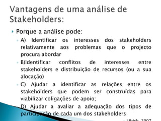 Porque a análise pode: A) Identificar os interesses dos stakeholders relativamente aos problemas que o projecto procura abordar B)Identificar conflitos de interesses entre stakeholders e distribuição de recursos (ou a sua alocação) C) Ajudar a identificar as relações entre os stakeholders que podem ser construídas para viabilizar coligações de apoio; D) Ajudar a avaliar a adequação dos tipos de participação de cada um dos stakeholders Ulrich, 2007 