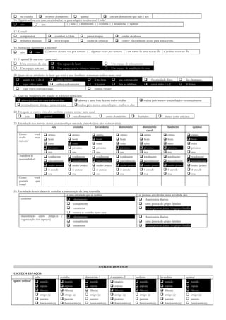 

na cozinha
 no meu dormitório
 quintal
 em um dormitório que não é seu
16. Alguém utiliza esta casa para trabalhar ou para adquirir renda extra? Onde?
( ) sala ( ) dormitório ( ) cozinha ( ) lavanderia ( )quintal
 não
 sim
17- Como?
computador
trabalhos manuais







cozinhar p/ fora
lavar roupas







passar roupas
cuidar de crianças

cuidar de idosos
outro? Não utilizam a casa para renda extra.

18. Nesta casa alguém usa a internet?
( ) menos de uma vez por semana ( ) algumas vezes por semana ( ) em torno de uma vez ao dia ( x ) várias vezes ao dia
não  sim



19. O quintal da sua casa é para você:
Uma extensão da sala
 Um espaço de lazer
Um espaço sem uso
 Um espaço que as crianças brincam







Um espaço de relaxamento
Um espaço de ampliação da casa

20. Quais são as atividades de lazer que você e seus familiares costumam realizar nesta casa?
 assistir t.v. / d.v.d
 usa à internet
 lê revistas
 usa computador
 jogar vídeo game
 utiliza radioamador
 lê jornais
 fala ao telefone
 jogar jogos convencionais
 outros. Quais?
21. Qual sua freqüência em relação às refeições nesta casa:
 almoça e janta em casa todos os dias
 almoça e janta fora de casa todos os dias
 eventualmente almoça e janta em casa
 realiza pelo menos uma refeição – todos os dias
22. Em quais os outros cômodos também costuma comer nesta casa?
 sala
 quintal
 seu dormitório



outro dormitório



23. Em relação aos móveis da sua casa classifique em cada cômodo (nsa: não soube avaliar):
sala
cozinha
lavanderia
dormitório
Como
avalia
móveis?

você
seus

Atendem às
necessidades?

Como
gostaria
fosse?












ótimo
bom
ruim
péssimo
nsa
totalmente
parcialmente
muito pouco
ñ atende
nsa












ótimo
bom
ruim
péssimo
nsa
totalmente
parcialmente
muito pouco
ñ atende
nsa












ótimo
bom
ruim
péssimo
nsa
totalmente
parcialmente
muito pouco
ñ atende
nsa












ótimo
bom
ruim
péssimo
nsa
totalmente
parcialmente
muito pouco
ñ atende
nsa




faz atividade física
ouvir rádio / c.d




faz churrasco
lê livros

 realiza pelo menos uma refeição – eventualmente

banheiro



dormitório
casal
 ótimo
 bom
 ruim
 péssimo
 nsa
 totalmente
 parcialmente
 muito pouco
 ñ atende
 nsa

nunca come em casa
banheiro












ótimo
bom
ruim
péssimo
nsa
totalmente
parcialmente
muito pouco
ñ atende
nsa

quintal












ótimo
bom
ruim
péssimo
nsa
totalmente
parcialmente
muito pouco
ñ atende
nsa

você
que

24. Em relação às atividades de cozinhar e manutenção da casa, responda:
é uma atividade que se realiza:
cozinhar
 diariamente
 casualmente
 raramente
 nunca se cozinha nesta casa
manutenção diária (limpeza /  diariamente
organização dos espaços)
 casualmente
 raramente

as pessoas envolvidas nesta atividade são:
 funcionária diarista
 uma pessoa do grupo familiar
 várias pessoas juntas do grupo familiar





funcionária diarista
uma pessoa do grupo familiar
várias pessoas juntas do grupo familiar

ANÁLISE DOS USOS
USO DOS ESPAÇOS
sala
quem utiliza?  marido
 esposa
 filho(a)
 amigo (a)
 parente
 funcionário(a)

cozinha
 marido
 esposa
 filho(a)
 amigo (a)
 parente
 funcionário(a)

dormitório 1
 marido
 esposa
 filho(a)
 amigo (a)
 parente
 funcionário(a)

dormitório 2
 marido
 esposa
 filho(a)
 amigo (a)
 parente
 funcionário(a)

banheiro
 marido
 esposa
 filho(a)
 amigo (a)
 parente
 funcionário(a)

lavanderia
 marido
 esposa
 filho(a)
 amigo (a)
 parente
 funcionário(a)

quintal
 marido
 esposa
 filho(a)
 amigo (a)
 parente
 funcionário(a)

 