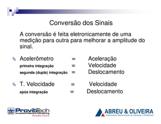 Conversão dos Sinais
A conversão é feita eletronicamente de uma
medição para outra para melhorar a amplitude do
sinal.
Acelerômetro
primeira integração
segunda (dupla) integração

T. Velocidade
após integração

=
=
=

Aceleração
Velocidade
Deslocamento

=
=

Velocidade
Deslocamento

 