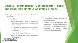 Análise Diagnóstica: Contabilidade, Fiscal
Tributária, Trabalhista e Controles Internos.
 Exemplos de Apontamentos e Resultados
Encontrados:
 Trabalhista:
 Não atendimento a aspectos trabalhistas
como cartão de ponto, horas extras, horas
entre jornadas;
 Tributação incorreta a maior ou a menor de
verbas trabalhistas, ou descontos
incorretos;
 Contratação de aprendizes, etc;
 Falta de geração de arquivos magnéticos
previdenciários.
 Controles Internos:
 Qualidade dos sistemas de informação
e suas integrações;
 Controles chaves utilizados pelas áreas
operacionais e como elas se comportam
em relação a administração e finanças;
 Segregação de funções, rotinas
empregadas e periodicidades.
 
