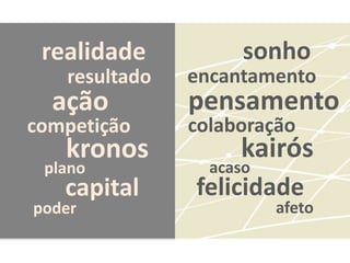 realidade           sonho
   resultado   encantamento
  ação         pensamento
competição     colaboração
   kronos           kairós
 plano           acaso
   capital     felicidade
poder                    afeto
 