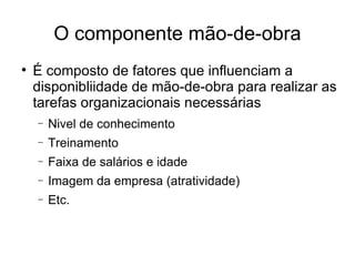 O componente mão-de-obra É composto de fatores que influenciam a disponibliidade de mão-de-obra para realizar as tarefas organizacionais necessárias Nivel de conhecimento Treinamento Faixa de salários e idade Imagem da empresa (atratividade)‏ Etc. 