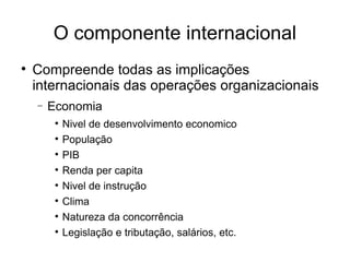 O componente internacional Compreende todas as implicações internacionais das operações organizacionais Economia Nivel de desenvolvimento economico População PIB  Renda per capita Nivel de instrução Clima Natureza da concorrência Legislação e tributação, salários, etc.  