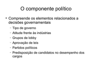 O componente político Compreende os elementos relacionados a decisões governamentais Tipo de governo Atitude frente às indústrias Grupos de lobby Aprovação de leis Partidos políticos Predisposição de candidatos no desempenho dos cargos 