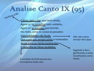 Analise Canto IX (95)
E fareis claro o Rei, que tanto amais,
Agora co’ os conselhos bem cuidados,
Agora co’ as espadas, que imortais
Vos farão, como os vossos já passados:
Impossibilidades não façais,
Que quem quis sempre pôde; e numerados
Sereis entre os Heróis esclarecidos,
E nesta Ilha de Vénus recebidos.

A condição de herói associa-se a
recompensa neste caso.

Não vale a pena
arranjar desculpas.

Seguindo o Rei e
glorificando-o serão
reconhecidos como
heróis.

 