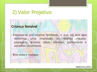 2) Valor Projetivo
Criança Sensível
🞇 Interessa-se por objetos familiares, o que dá aos seus
desenhos uma impressão de imensa riqueza:
paisagens, árvores, casas, estradas, pormenores e
detalhes;dinamismo
🞇 T
ons vivos e realistas
Widlöcher (1971)
 