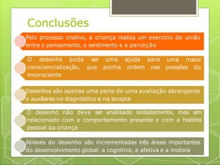 Pelo processo criativo, a criança realiza um exercício de união
uma maior
pressões do
entre o pensamento, o sentimento e a perceção
O desenho pode ser uma ajuda para
consciencialização, que ponha ordem nas
inconsciente
Desenhos são apenas uma parte de uma avaliação abrangente
e auxiliares no diagnóstico e na terapia
O desenho não deve ser analisado isoladamente, mas sim
relacionado com o comportamento presente e com a história
pessoal da criança
Através do desenho são incrementadas três áreas importantes
do desenvolvimento global: a cognitiva, a afetiva e a motora
Conclusões
 