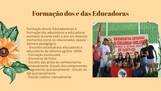 Formação dos e das Educadoras
Formação dos/as Educadores/as A
formação dos educadores e educadoras
acontece durante todo o ano em diversos
momentos como os relacionados abaixo: -
Semana pedagógica;
- Encontro estadual dos educadores e
educadoras da reforma agrária –EERA
- Formação continuada
- Encontros de Polos
- Estudos das áreas do conhecimento
semanalmente -Estudo dos componentes
integradores quinzenalmente - Estudo da
EJA quinzenalmente
- Estudo coletivo mensalmente
 