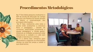 Procedimentos Metodológicos
Na 1ª fase desta pesquisa analisamos o
PPP da escola de Educação do Campo
Filha da Luta Patativa do Assaré através
de leitura e sistematização das
principais informações.
Na 2ª fase, realizamos uma visita a
escola onde analisamos a estrutura
física e pedagógica , através de
conversas, observações juntamente a
equipe pedagógica, e núcleo gestor.
Visitamos as unidades produtivas onde
observou-se o cuidado e o zelo com
relação a natureza e os animais.
Na 3ª e última fase, sentamos para
sistematizar e organizar as informações
obtidas na visita de campo e relatar o
que observamos.
 