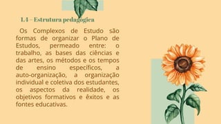 1.4 – Estrutura pedagógica
Os Complexos de Estudo são
formas de organizar o Plano de
Estudos, permeado entre: o
trabalho, as bases das ciências e
das artes, os métodos e os tempos
de ensino especíﬁcos, a
auto-organização, a organização
individual e coletiva dos estudantes,
os aspectos da realidade, os
objetivos formativos e êxitos e as
fontes educativas.
 
