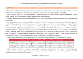 O Modelo de Auto-Avaliação das Bibliotecas Escolares: metodologias de operacionalização (Conclusão)
                                                                         DREC 5 – Sessão 6


    Conclusão.

   Pela leitura dos relatórios transpareceu, em primeiro lugar, que a acção da BE se diluiu no dia a dia dos Agrupamentos. Várias actividades,
ilustrativas do dinamismo das escolas, não referenciaram protagonistas, mas, digo eu, quase se pôde sentir nelas o pulsar da BE.
   Como foi possível, então, que a BE do Agrupamento da Carapinheira recolhesse um número inaudito de menções no Relatório de Avaliação
Externa, dado que, como vimos, o padrão de avaliação da IGE não sofreu qualquer alteração?
   Penso que, após a leitura dos excertos inseridos nos quadros I, II, III e IV, não restam dúvidas. A BE neste agrupamento fez de tal forma a diferença
que sobressaiu.
   Debrucemo-nos, então, sobre as suas particularidades: no domínio 1, “Resultados” foi dito que os serviços da BE foram avaliados pelos alunos. No
domínio 3, “Organização e Gestão escolar” escreveu-se que a BE integrou acções suas no Plano Anual de Formação, entre as quais “O uso da
biblioteca em contexto curricular – que estratégias” para os docentes de Língua Portuguesa e “Segurança na Internet” e “Literacias em família” para
os pais e Encarregados de Educação e que, em articulação com a Associação de Pais, desenvolveu a “Semana do Livro e da Leitura”. Já no domínio 4,
“Liderança”, destacou-se a abertura ao voluntariado, que possibilitou o funcionamento diário de uma BE na EB1 da Carapinheira e o facto da BE da
sede do Agrupamento ter uma página da Internet muito atractiva e funcional (p. ex., catálogo on-line, blogue, notícias, concursos, e instruções de
apoio aos utilizadores). Ainda neste domínio, afirmou-se que os projectos “Escolas Promotoras da Saúde” e “Plano Nacional de Leitura”, em
articulação com a biblioteca, reforçaram especialmente os hábitos de vida saudável e as competências linguísticas.
   Façamos agora uma reflexão final: haverá alguma relação entre as menções às BE dos Agrupamentos e os níveis qualitativos atingidos?

                                Quadro VI – Total de referências às BE nos Relatórios da IGE / nível médio obtido
         Agrupamento          C 1 (Lousã)         C 2 (Arazede)      L 3 (Stª Maria Olivais) L 1 (Francisco Arruda) L 2 (Fernando Pessoa)   C 3 (Carapinheira)
          Nº referências          2                     3                      3                       4                     4                      8
          Nível atingido         Bom               Suficiente             Suficiente                  Bom                  Bom                Muito Bom

   Olhando o Quadro VI, tudo leva a crer que sim. Se por um lado o Agrupamento da Lousã obtém o nível Bom com o mínimo de menções, os
exemplos seguintes vão em crescendo, havendo paralelismo entre número de menções e nível obtido, reforçando a ideia de que o dinamismo da BE é
fundamental na consecução de um nível de excelência.

                                                            Maria do Rosário Monteiro de Figueiredo
 