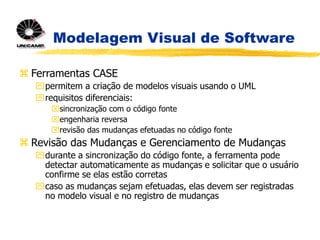 Modelagem Visual de Software
 Ferramentas CASE
permitem a criação de modelos visuais usando o UML
requisitos diferenciais:
sincronização com o código fonte
engenharia reversa
revisão das mudanças efetuadas no código fonte
 Revisão das Mudanças e Gerenciamento de Mudanças
durante a sincronização do código fonte, a ferramenta pode
detectar automaticamente as mudanças e solicitar que o usuário
confirme se elas estão corretas
caso as mudanças sejam efetuadas, elas devem ser registradas
no modelo visual e no registro de mudanças
 