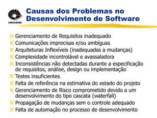 Causas dos Problemas no
Desenvolvimento de Software
 Gerenciamento de Requisitos inadequado
 Comunicações imprecisas e/ou ambíguas
 Arquiteturas Inflexíveis (inadequadas a mudanças)
 Complexidade incontrolável e avassaladora
 Inconsistências não detectadas durante a especificação
de requisitos, análise, design ou implementação
 Testes insuficientes
 Falta de referência na estimativa do estado do projeto
 Gerenciamento de Risco comprometido devido a um
desenvolvimento do tipo cascata (waterfall)
 Propagação de mudanças sem o controle adequado
 Falta de automação no processo de desenvolvimento
 
