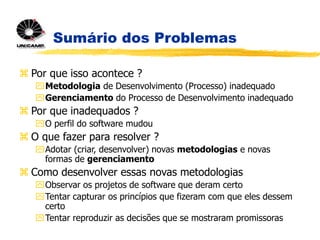 Sumário dos Problemas
 Por que isso acontece ?
Metodologia de Desenvolvimento (Processo) inadequado
Gerenciamento do Processo de Desenvolvimento inadequado
 Por que inadequados ?
O perfil do software mudou
 O que fazer para resolver ?
Adotar (criar, desenvolver) novas metodologias e novas
formas de gerenciamento
 Como desenvolver essas novas metodologias
Observar os projetos de software que deram certo
Tentar capturar os princípios que fizeram com que eles dessem
certo
Tentar reproduzir as decisões que se mostraram promissoras
 