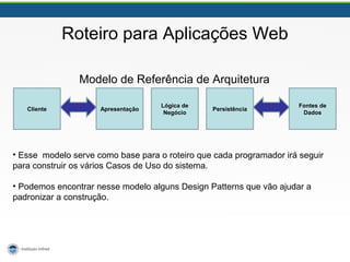 Roteiro para Aplicações Web
Cliente Apresentação
Lógica de
Negócio
Persistência
Fontes de
Dados
Modelo de Referência de Arquitetura
• Esse modelo serve como base para o roteiro que cada programador irá seguir
para construir os vários Casos de Uso do sistema.
• Podemos encontrar nesse modelo alguns Design Patterns que vão ajudar a
padronizar a construção.
 