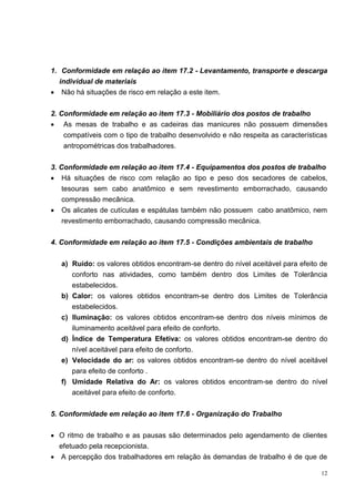 12
1. Conformidade em relação ao item 17.2 - Levantamento, transporte e descarga
individual de materiais
 Não há situações de risco em relação a este item.
2. Conformidade em relação ao item 17.3 - Mobiliário dos postos de trabalho
 As mesas de trabalho e as cadeiras das manicures não possuem dimensões
compatíveis com o tipo de trabalho desenvolvido e não respeita as características
antropométricas dos trabalhadores.
3. Conformidade em relação ao item 17.4 - Equipamentos dos postos de trabalho
 Há situações de risco com relação ao tipo e peso dos secadores de cabelos,
tesouras sem cabo anatômico e sem revestimento emborrachado, causando
compressão mecânica.
 Os alicates de cutículas e espátulas também não possuem cabo anatômico, nem
revestimento emborrachado, causando compressão mecânica.
4. Conformidade em relação ao item 17.5 - Condições ambientais de trabalho
a) Ruído: os valores obtidos encontram-se dentro do nível aceitável para efeito de
conforto nas atividades, como também dentro dos Limites de Tolerância
estabelecidos.
b) Calor: os valores obtidos encontram-se dentro dos Limites de Tolerância
estabelecidos.
c) Iluminação: os valores obtidos encontram-se dentro dos níveis mínimos de
iluminamento aceitável para efeito de conforto.
d) Índice de Temperatura Efetiva: os valores obtidos encontram-se dentro do
nível aceitável para efeito de conforto.
e) Velocidade do ar: os valores obtidos encontram-se dentro do nível aceitável
para efeito de conforto .
f) Umidade Relativa do Ar: os valores obtidos encontram-se dentro do nível
aceitável para efeito de conforto.
5. Conformidade em relação ao item 17.6 - Organização do Trabalho
 O ritmo de trabalho e as pausas são determinados pelo agendamento de clientes
efetuado pela recepcionista.
 A percepção dos trabalhadores em relação às demandas de trabalho é de que de
 