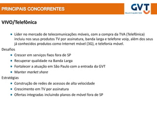 VIVO/Telefônica

        Líder no mercado de telecomunicações móveis, com a compra da TVA (Telefônica)
        incluiu nos seus produtos TV por assinatura, banda larga e telefone voip, além dos seus
        já conhecidos produtos como Internet móvel (3G), e telefonia móvel.
Desafios
        Crescer em serviços fixos fora de SP
        Recuperar qualidade na Banda Larga
        Fortalecer a atuação em São Paulo com a entrada da GVT
        Manter market share
Estratégias
        Construção de redes de acessos de alta velocidade
        Crescimento em TV por assinatura
        Ofertas integradas incluindo planos de móvel fora de SP
 