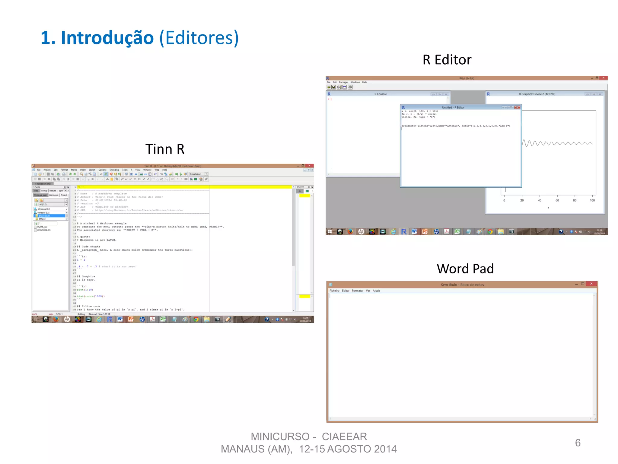 1. Introdução (Editores)
6
R Editor
Word Pad
Tinn R
MINICURSO - CIAEEAR
MANAUS (AM), 12-15 AGOSTO 2014
 