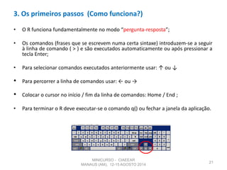 • O R funciona fundamentalmente no modo “pergunta-resposta”;
• Os comandos (frases que se escrevem numa certa sintaxe) introduzem-se a seguir
à linha de comando ( > ) e são executados automaticamente ou após pressionar a
tecla Enter;
• Para selecionar comandos executados anteriormente usar: ↑ ou ↓
• Para percorrer a linha de comandos usar: ← ou →
• Colocar o cursor no início / fim da linha de comandos: Home / End ;
• Para terminar o R deve executar-se o comando q() ou fechar a janela da aplicação.
21
3. Os primeiros passos (Como funciona?)
MINICURSO - CIAEEAR
MANAUS (AM), 12-15 AGOSTO 2014
 