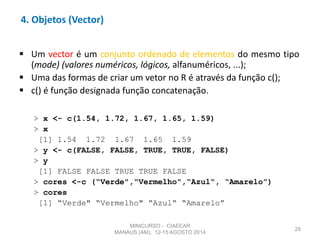  Um vector é um conjunto ordenado de elementos do mesmo tipo
(mode) (valores numéricos, lógicos, alfanuméricos, ...);
 Uma das formas de criar um vetor no R é através da função c();
 c() é função designada função concatenação.
> x <- c(1.54, 1.72, 1.67, 1.65, 1.59)
> x
[1] 1.54 1.72 1.67 1.65 1.59
> y <- c(FALSE, FALSE, TRUE, TRUE, FALSE)
> y
[1] FALSE FALSE TRUE TRUE FALSE
> cores <-c (“Verde",“Vermelho",“Azul“, “Amarelo”)
> cores
[1] “Verde" “Vermelho" “Azul“ “Amarelo”
29
4. Objetos (Vector)
MINICURSO - CIAEEAR
MANAUS (AM), 12-15 AGOSTO 2014
 