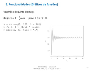 53
5. Funcionalidades (Gráficos de funções)
Vejamos o seguinte exemplo:
(b) 𝑓 𝑥 = 1 −
1
𝑥
cos 𝑥 , 𝑝𝑎𝑟𝑎 0 ≤ 𝑥 ≤ 100
> x <- seq(0, 100, l = 101)
> fx <- 1 - (1/x) * cos(x)
> plot(x, fx, type = "l")
0 20 40 60 80 100
0.60.81.01.2
x
fx
MINICURSO - CIAEEAR
MANAUS (AM), 12-15 AGOSTO 2014
 