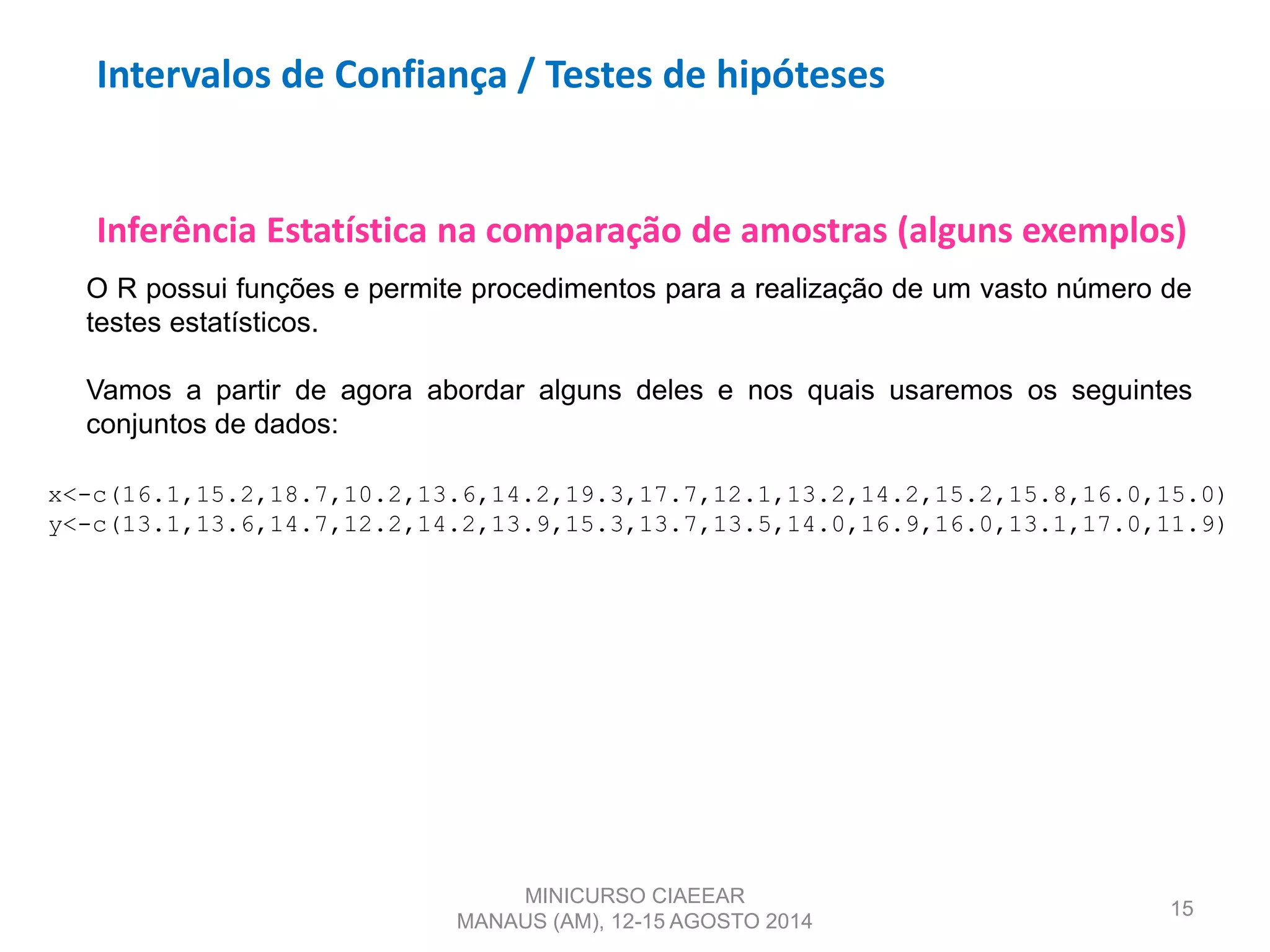 Inferência Estatística na comparação de amostras (alguns exemplos)
15
O R possui funções e permite procedimentos para a realização de um vasto número de
testes estatísticos.
Vamos a partir de agora abordar alguns deles e nos quais usaremos os seguintes
conjuntos de dados:
x<-c(16.1,15.2,18.7,10.2,13.6,14.2,19.3,17.7,12.1,13.2,14.2,15.2,15.8,16.0,15.0)
y<-c(13.1,13.6,14.7,12.2,14.2,13.9,15.3,13.7,13.5,14.0,16.9,16.0,13.1,17.0,11.9)
MINICURSO CIAEEAR
MANAUS (AM), 12-15 AGOSTO 2014
Intervalos de Confiança / Testes de hipóteses
 