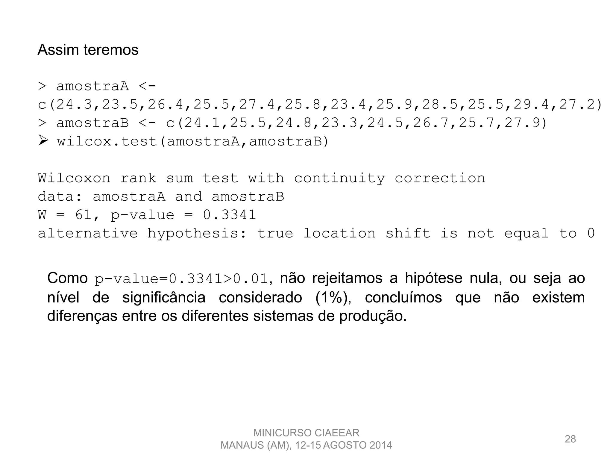 28
Assim teremos
> amostraA <-
c(24.3,23.5,26.4,25.5,27.4,25.8,23.4,25.9,28.5,25.5,29.4,27.2)
> amostraB <- c(24.1,25.5,24.8,23.3,24.5,26.7,25.7,27.9)
 wilcox.test(amostraA,amostraB)
Wilcoxon rank sum test with continuity correction
data: amostraA and amostraB
W = 61, p-value = 0.3341
alternative hypothesis: true location shift is not equal to 0
Como p-value=0.3341>0.01, não rejeitamos a hipótese nula, ou seja ao
nível de significância considerado (1%), concluímos que não existem
diferenças entre os diferentes sistemas de produção.
MINICURSO CIAEEAR
MANAUS (AM), 12-15 AGOSTO 2014
 