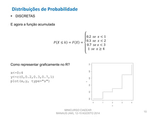 Distribuições de Probabilidade
10
 DISCRETAS
E agora a função acumulada
𝑃 𝑋 ≤ 𝑘 = 𝐹 𝑋 =
0.2 𝑠𝑒 𝑥 < 1
0.3 𝑠𝑒 𝑥 < 2
0.7 𝑠𝑒 𝑥 < 3
1 𝑠𝑒 𝑥 ≥ 4
Como representar graficamente no R?
x<-0:4
y<-c(0,0.2,0.3,0.7,1)
plot(x,y, type="s")
MINICURSO CIAEEAR
MANAUS (AM), 12-15 AGOSTO 2014
0 1 2 3 4
0.00.20.40.60.81.0
x
y
 