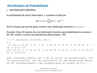 Distribuições de Probabilidade
11
 DISTRIBUIÇÃO BINOMIAL
A probabilidade de serem observados k sucessos é dada por
𝑃 𝑋 = 𝑘 =
𝑛
𝑘
𝑝 𝑘
(1 − 𝑝) 𝑛−𝑘
No R a função que permite gerar números com distribuição binomial é rbinom()
Exemplo: Gerar 50 valores de uma distribuição binomial cuja probabilidade de sucesso é
de 10%, sendo o número de experiências (observações), 150.
> x <- rbinom(50, size=150, p=0.1)
> x
[1] 20 11 16 18 9 12 7 15 8 14 25 15 16 22 12 18 18 18 8 7
15 8 20 17 19
[26] 14 16 11 17 14 15 15 9 13 18 18 17 18 17 13 15 15 13 20 15
20 12 18 18 15
Este resultado poderia ser o de um estudo de epidemiologia, com
150 participantes, com uma prevalência de uma determinada doença
de 10% (correspondendo a uma probabilidade de sucesso de 0.1).
MINICURSO CIAEEAR
MANAUS (AM), 12-15 AGOSTO 2014
 
