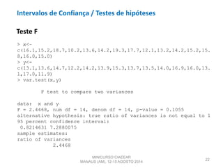 22
Teste F
> x<-
c(16.1,15.2,18.7,10.2,13.6,14.2,19.3,17.7,12.1,13.2,14.2,15.2,15.
8,16.0,15.0)
> y<-
c(13.1,13.6,14.7,12.2,14.2,13.9,15.3,13.7,13.5,14.0,16.9,16.0,13.
1,17.0,11.9)
> var.test(x,y)
F test to compare two variances
data: x and y
F = 2.4468, num df = 14, denom df = 14, p-value = 0.1055
alternative hypothesis: true ratio of variances is not equal to 1
95 percent confidence interval:
0.8214631 7.2880075
sample estimates:
ratio of variances
2.4468
MINICURSO CIAEEAR
MANAUS (AM), 12-15 AGOSTO 2014
Intervalos de Confiança / Testes de hipóteses
 